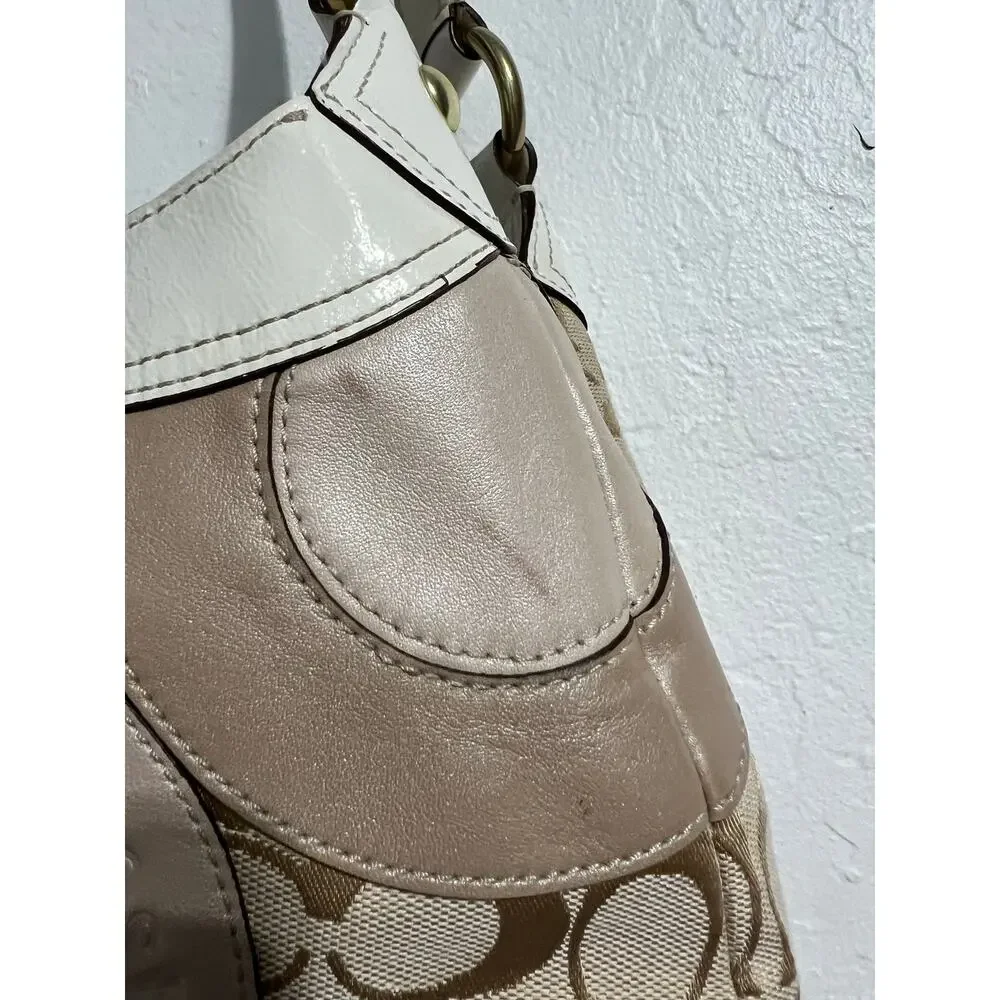 Coach Pierced Patchwork Maggie Hobo Bag Logo Khaki Beige Purse Tan
